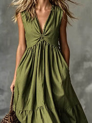 Twisted V-neck Midi Dress With Pockets