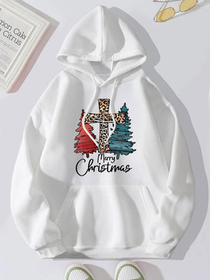 White hoodie with leopard print cross graphic and Christmas trees.