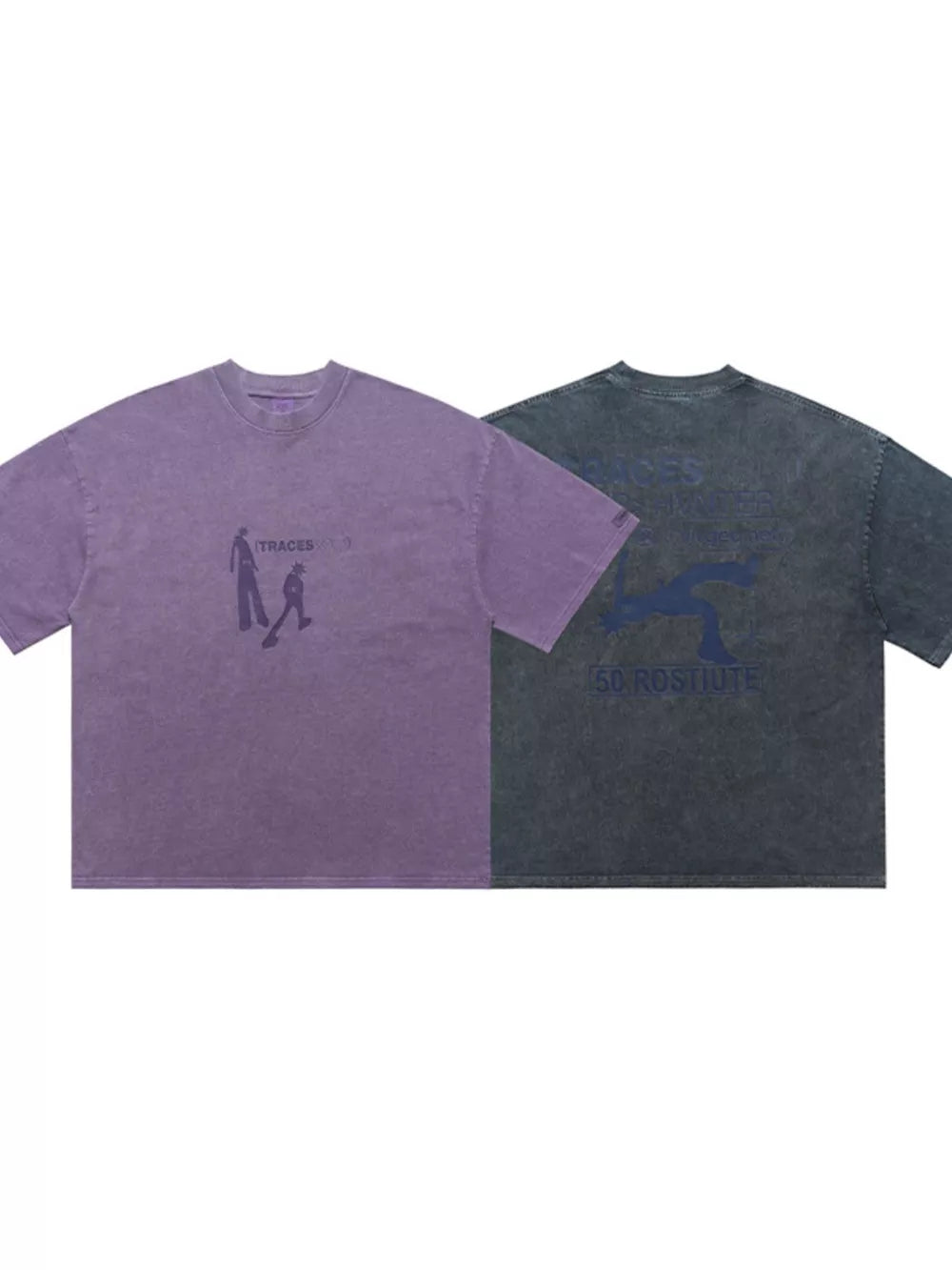 Purple and Snowflake Blue oversized cotton graphic tees with relaxed fit and crew neck.
