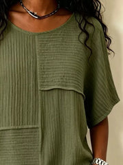 Full Size Texture Round Neck Half Sleeve Blouse, fabric detail