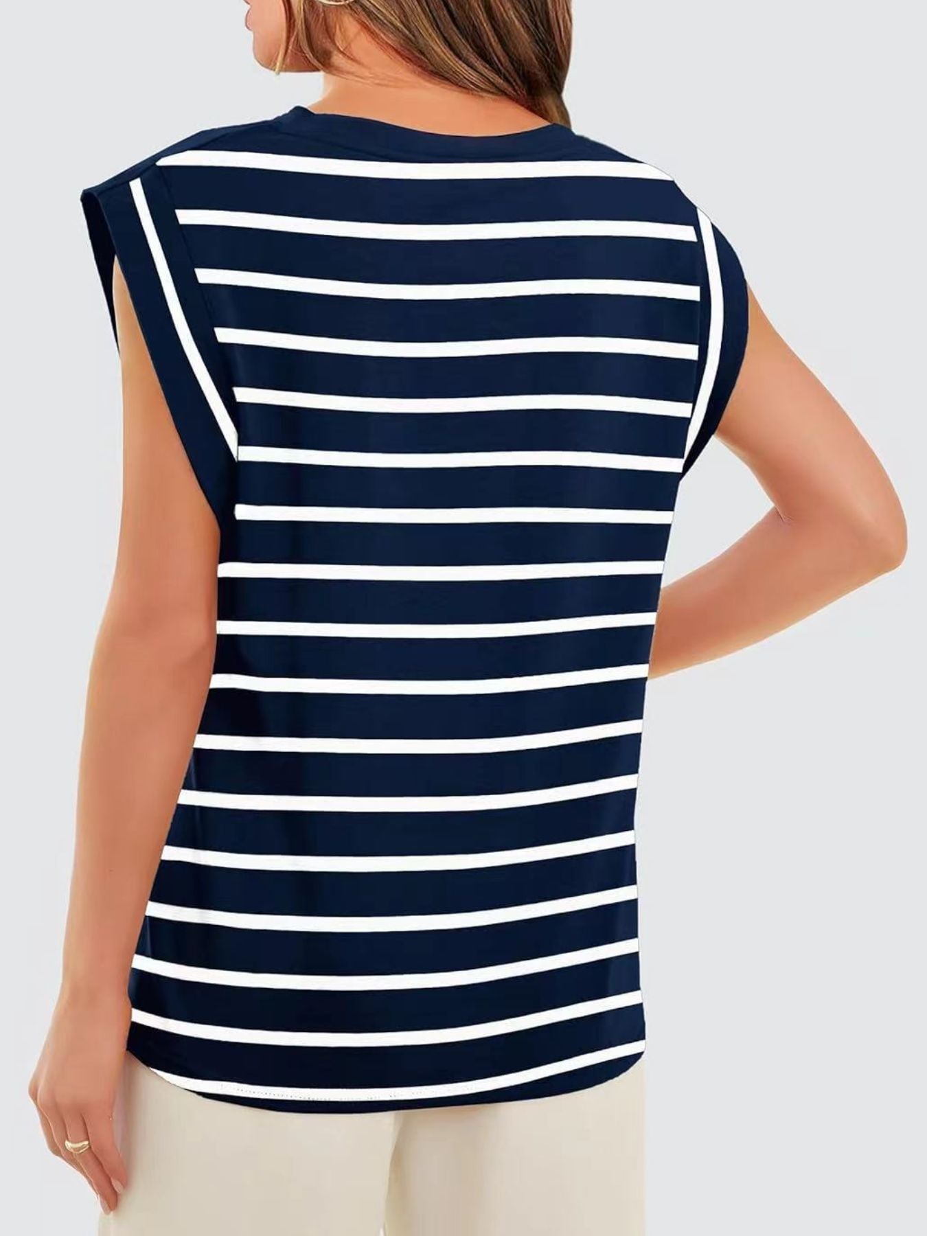 Dark blue and white striped sleeveless tank top with a crew neck.
