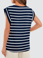 Dark blue and white striped sleeveless tank top with a crew neck.