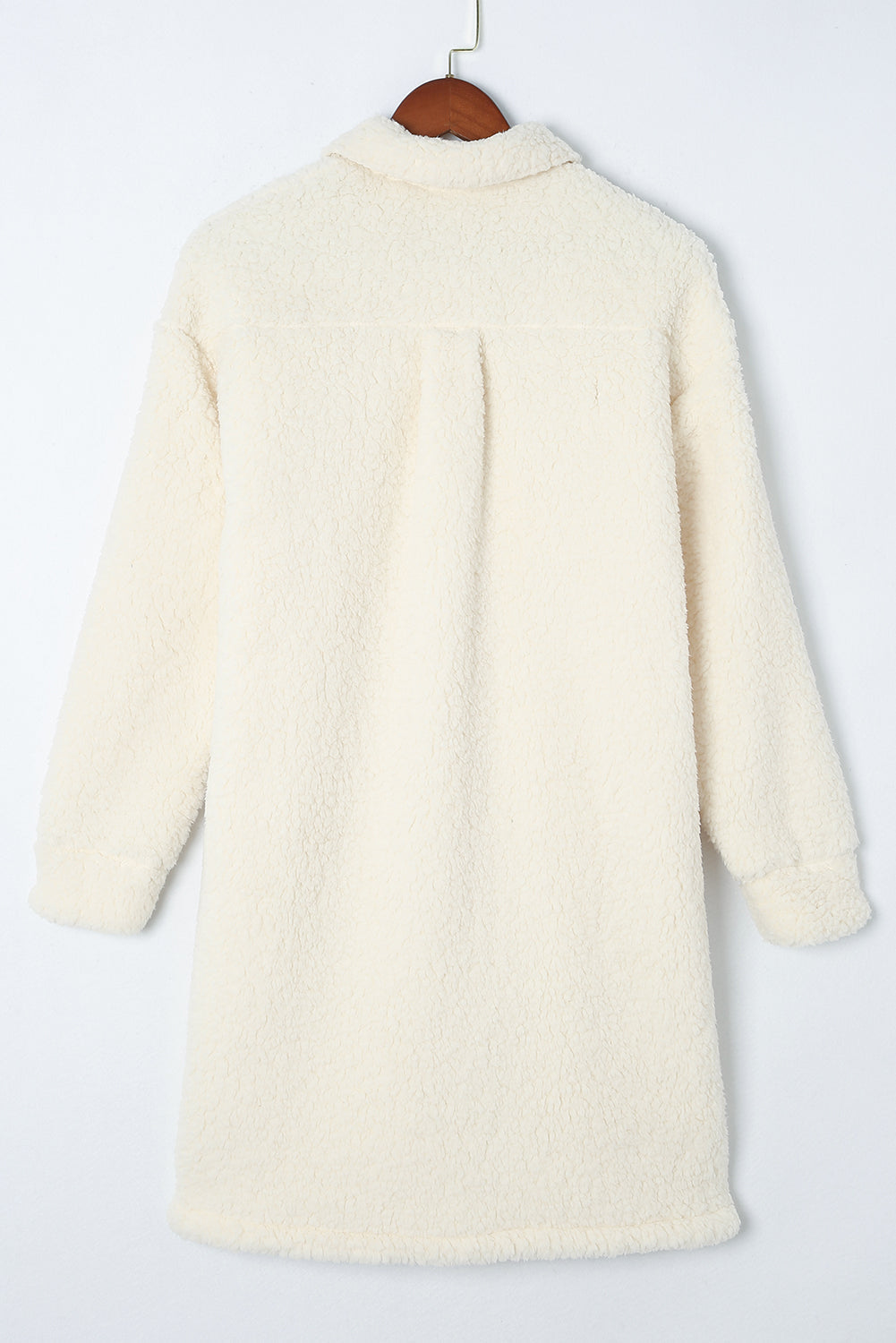 Beige sherpa coat with corduroy details and patch pockets, long sleeves, collared, casual outerwear.