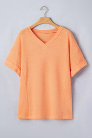 Waffle knit v-neck t-shirt in sherbet with cuffed short sleeves.
