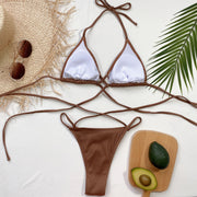 Mocha ribbed halter bikini set with crisscross ties and white lining.