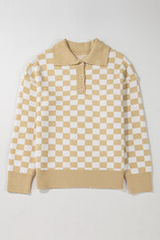 Tan and white checkerboard knit polo sweater with button detail