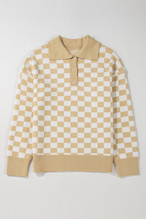 Tan and white checkerboard knit polo sweater with button detail