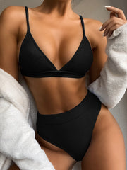 Black ribbed triangle bikini top and high-waist brief