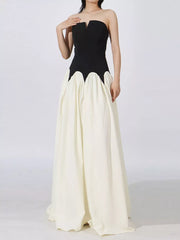Elegant Two-tone Maxi Dress With Scalloped Waistline