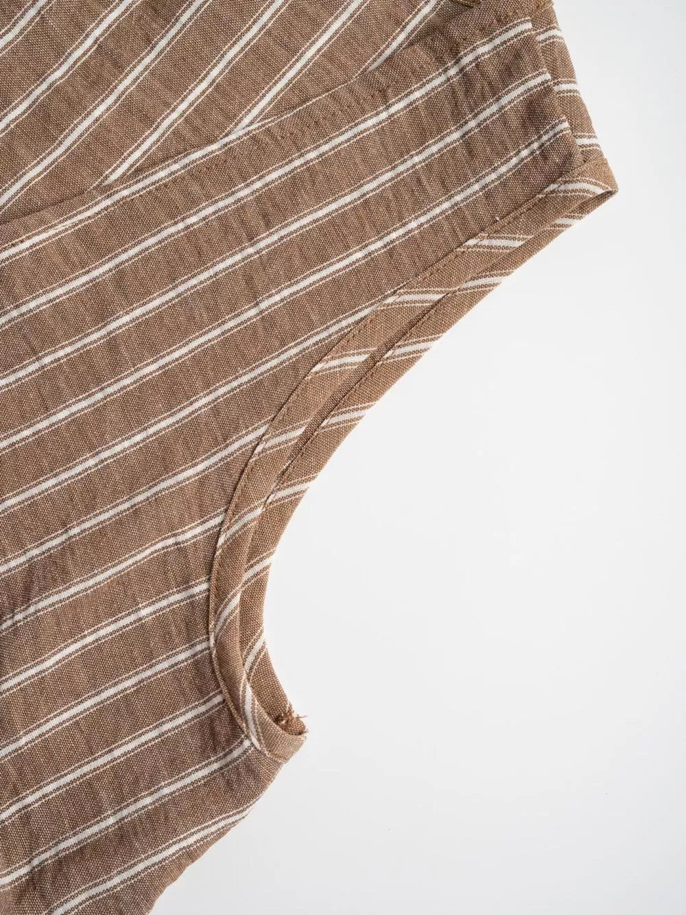 Chic striped two-piece set in camel with white pinstripes and a tie-front detail.