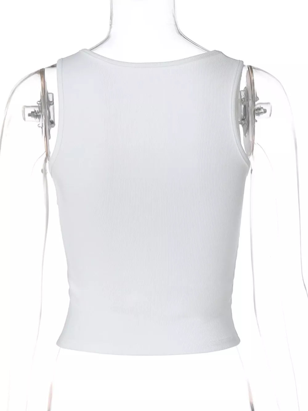 White ribbed cropped tank top with square neckline and rhinestone embellishments.