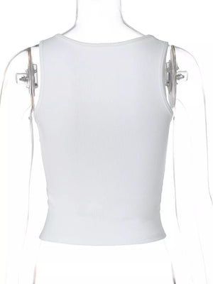 White ribbed cropped tank top with square neckline and rhinestone embellishments.