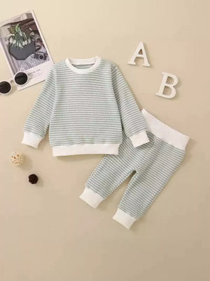 Light blue striped baby knit set with crewneck sweatshirt and pants