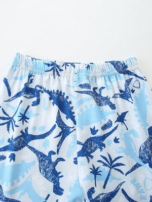 Baby blue dinosaur print pajama shorts with elastic waistband