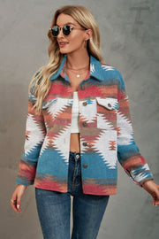 Southwestern print overshirt jacket with button front and chest pockets in blue and burgundy tones.