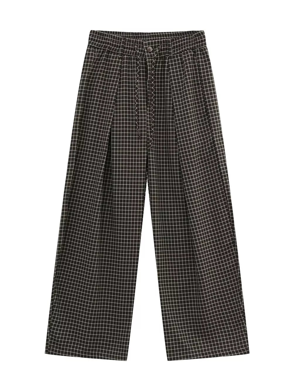 Plaid wide-leg relaxed fit joggers in grey with adjustable drawstring waist.