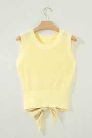 Yellow knit sweater vest with round neck and back tie detail