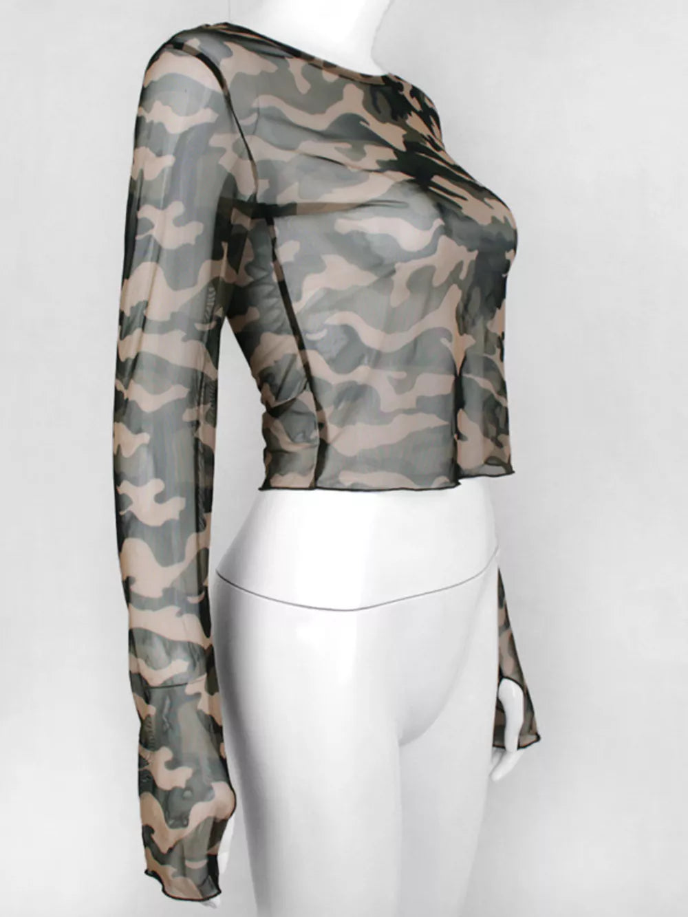 Sheer camouflage long sleeve cropped t-shirt in army green and tan mesh.