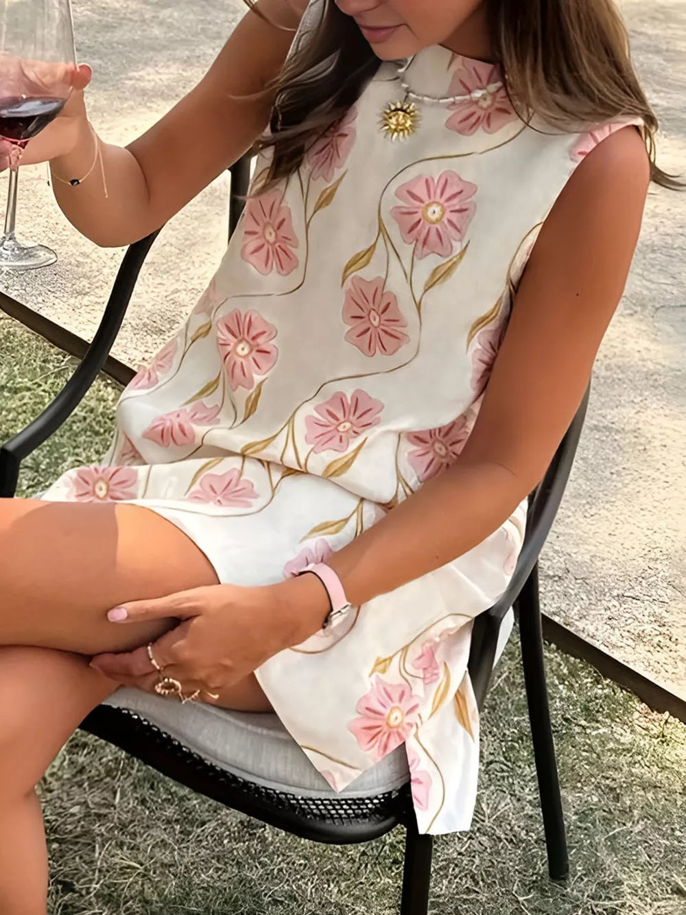 Delicate floral mini dress, high neckline, Gum Leaf.