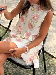 Delicate floral mini dress, high neckline, Gum Leaf.