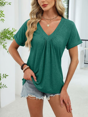Ruched V-neck short sleeve t-shirt in dark green with cuffed sleeves.