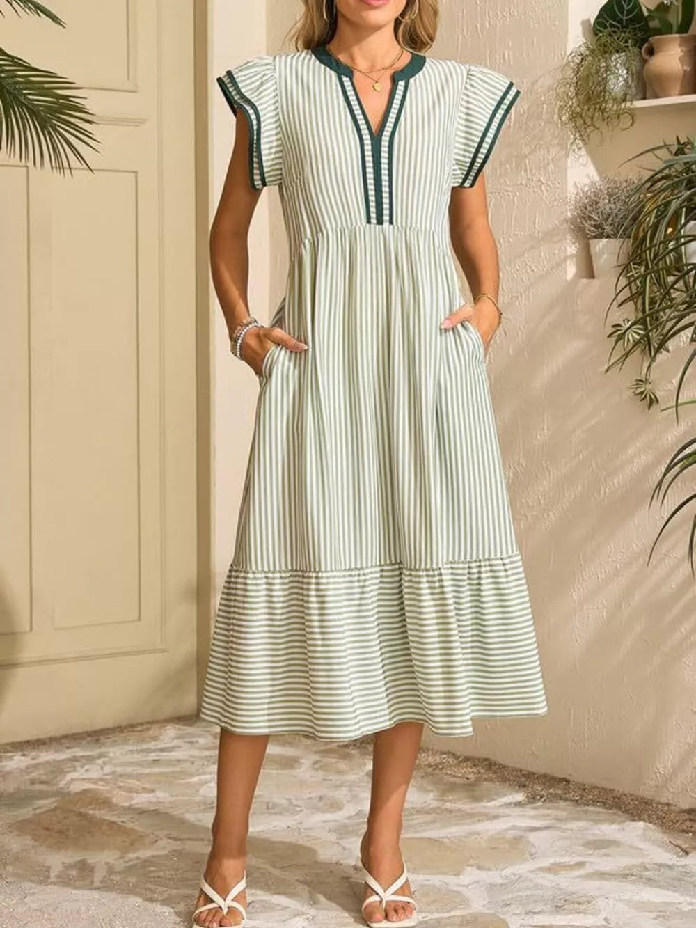 Green striped midi dress with notched V-neck, ruffle sleeves, and tiered hem.