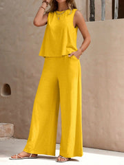 Gold linen tank top and palazzo pants set with pockets