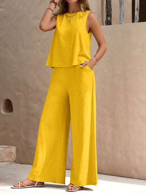 Gold linen tank top and palazzo pants set with pockets