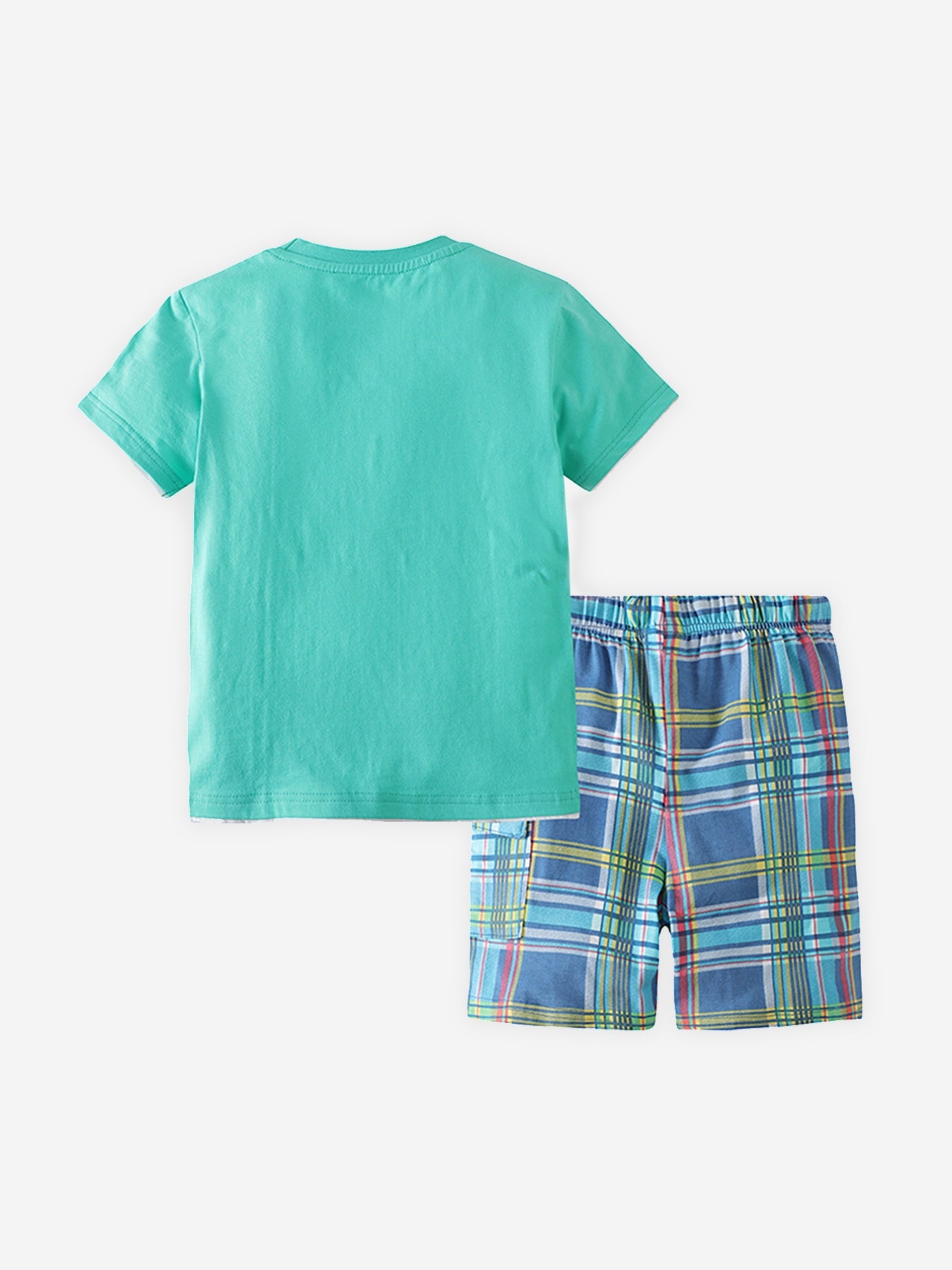 Toddler cotton t-shirt and plaid shorts set in teal and blue.