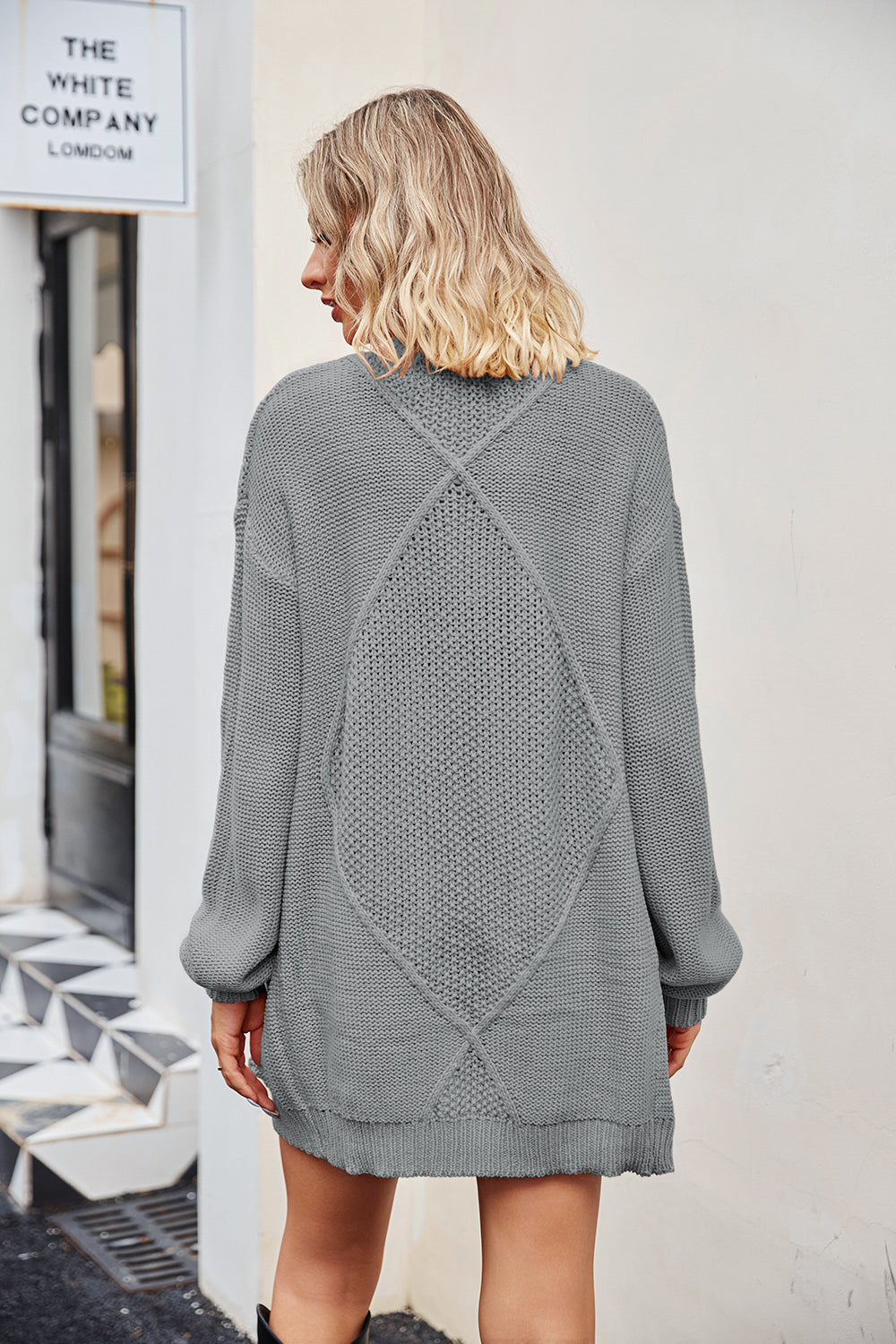 Light Gray cable knit cardigan with diamond pattern detail on back, acrylic.