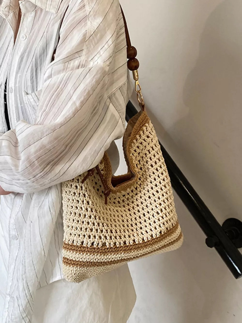 Crochet Knit Shoulder Bag in Beige, model styling view