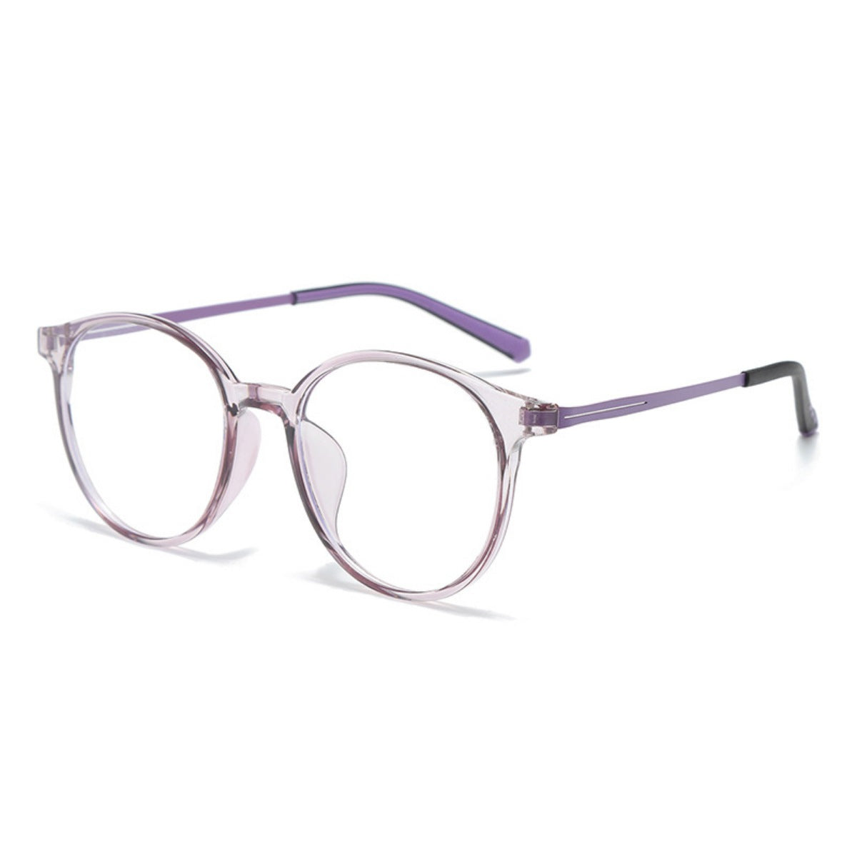 Lightweight round acetate eyeglasses with clear purple frames and purple temples.