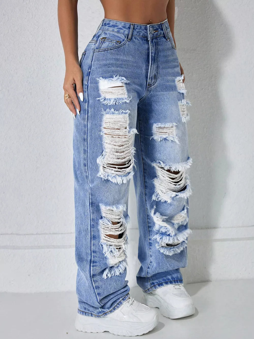 Distressed Wide Leg Jeans in Light Blue, side view