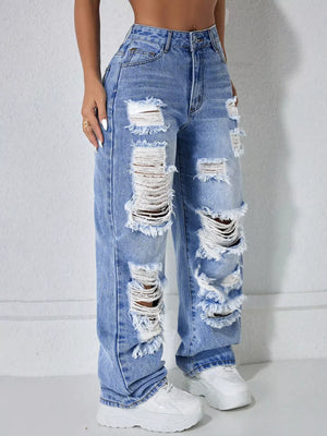 Distressed Wide Leg Jeans in Light Blue, side view