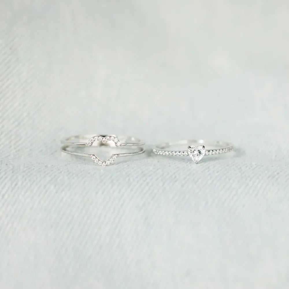 Silver double heart halo ring set with pave details