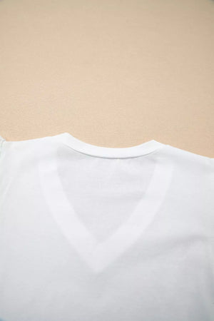 White cotton maternity t-shirt with V-neckline and flutter sleeves, delicate eyelet detail