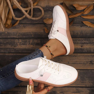 Round Toe Pink Slip-on Flats in Pink, model styling view