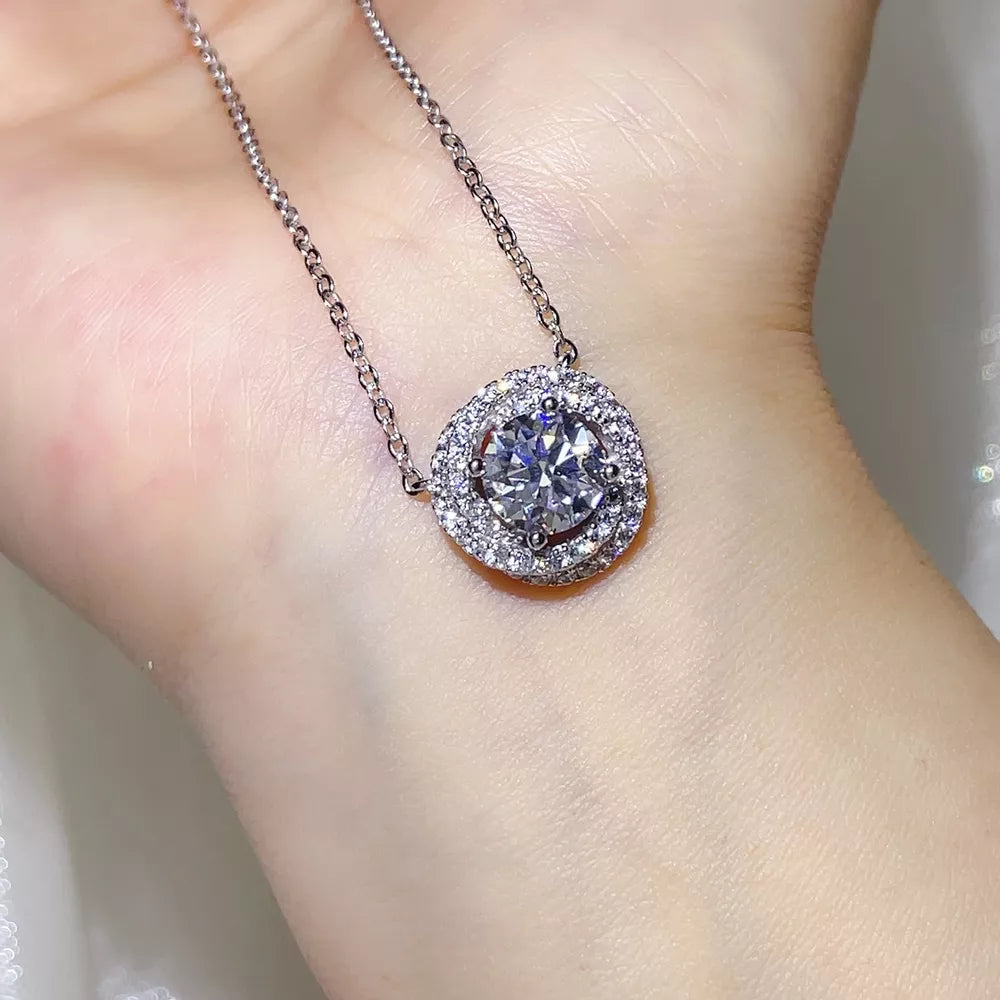 2 Carat 925 Sterling Silver Moissanite Pendant Necklace, model styling view