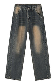 Dark Gray wide-leg jeans with vintage wash and subtle pleats.