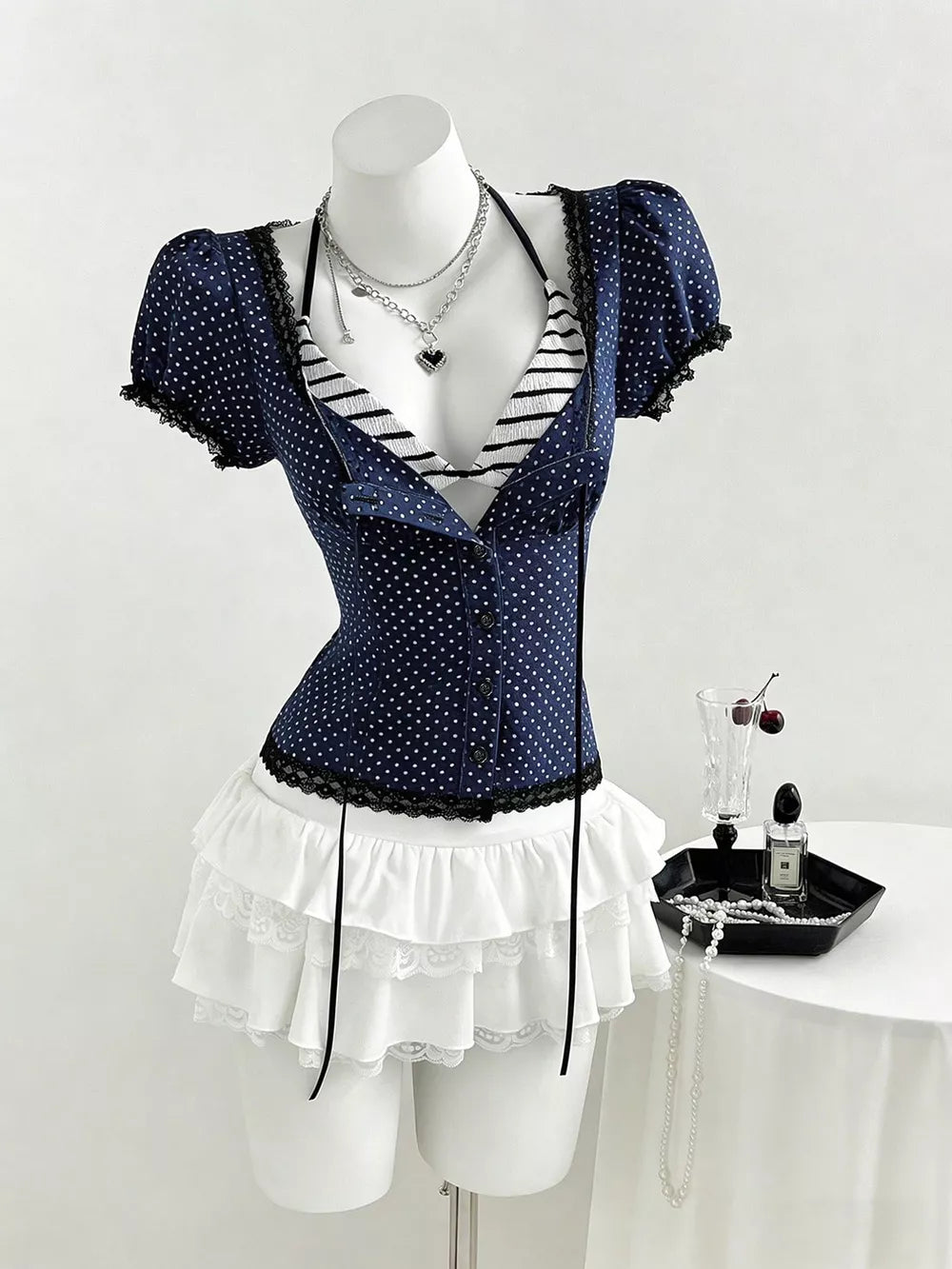 Polka Dot Lace Trim Puff Sleeve Top, editorial view