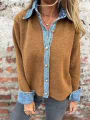 Contrast Denim Trimmed Sweater Cardigan in Grey, side view