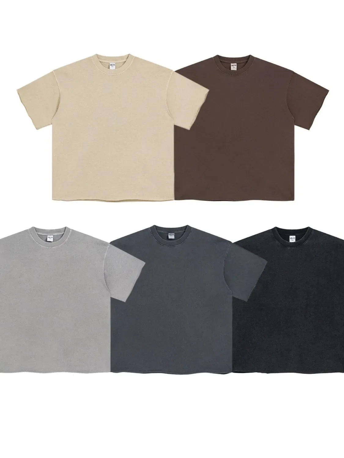 Raw-edge boxy tees in tan, coffee brown, gray, charcoal, and black.