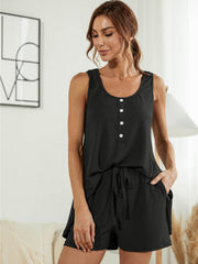 Black ribbed henley tank with button detail and drawstring shorts set