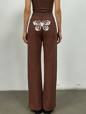 Brown maternity wide-leg jeans with white butterfly back detail
