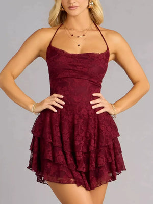 Burgundy lace halter neck mini dress with tiered ruffle skirt and cowl neck.