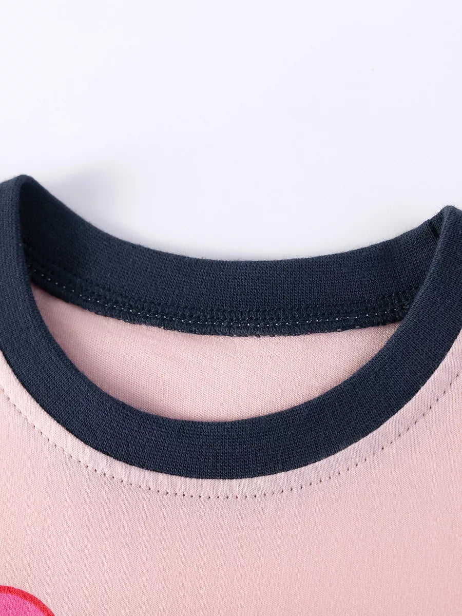 Children's pink tee with navy contrasting trim neckline