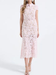 Pink floral lace midi dress with short sleeves, collar, and belt