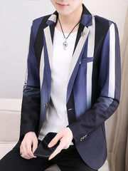 Men's blue gradient striped slim fit blazer with button closure and lapel detail.