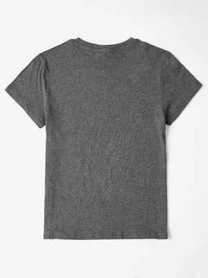 Gray t-shirt with short sleeves and a crew neck.