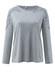 Light Gray long sleeve top with lace yoke and sleeve detail